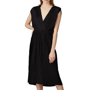 TOME Black Satin Cross Front Pleated Dress Elastic Stretch Waist Open Back Small